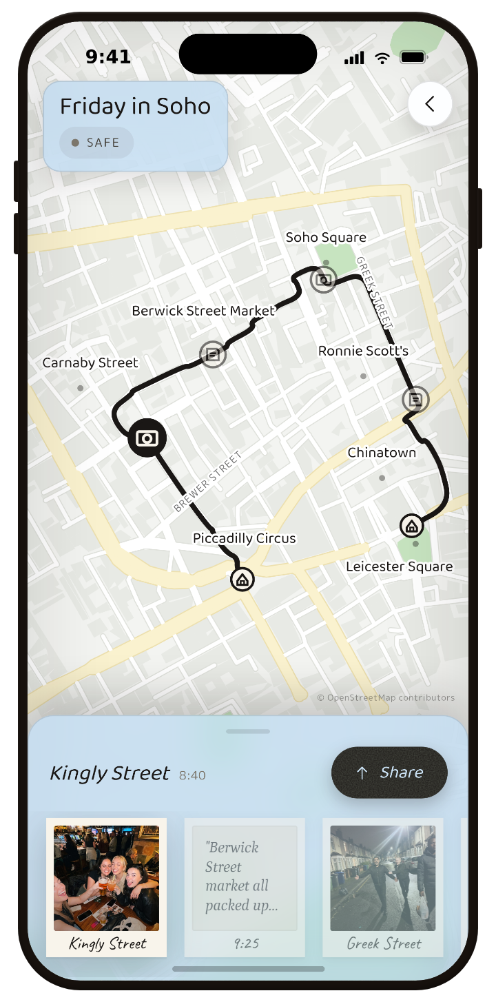 A night kept in the Wnder app: “Friday in Soho”, marked safe, with the evening’s route drawn across a map of Soho and pinned where photos and notes were taken — and along the bottom, the moments themselves: a photo from Kingly Street at 8:40, a note about Berwick Street market, and a photo from Greek Street.